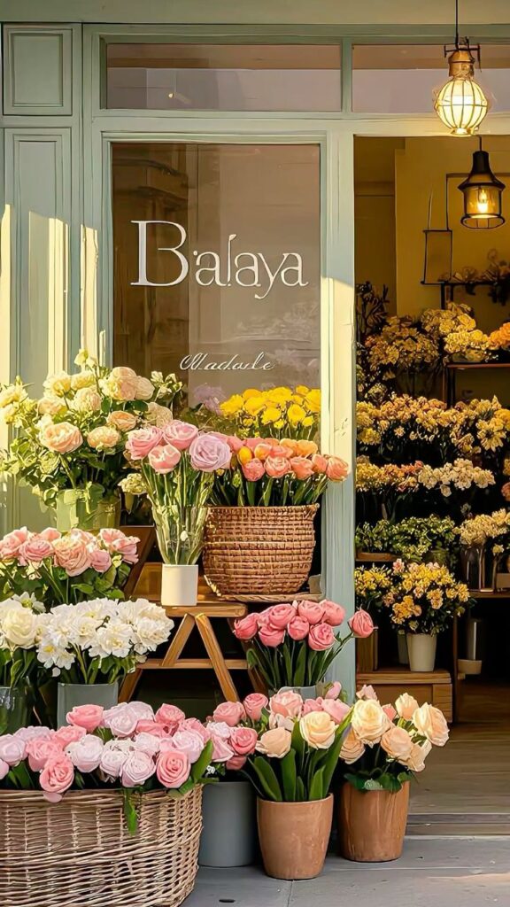 Charming flower shop entrance with various blooms in baskets and pots, showcasing a colorful floral display.