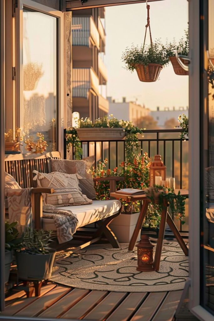 Cozy balcony with plants, a bench with pillows, and a lantern at sunset. Urban relaxation and outdoor decor.