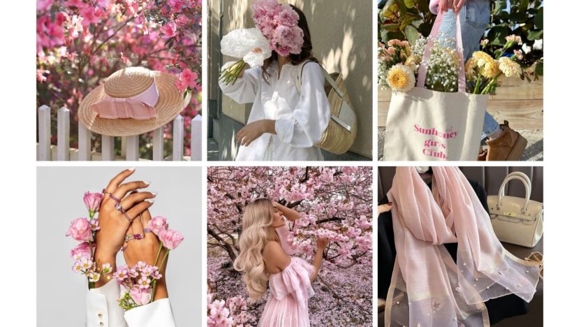 Collage of spring aesthetics: flowers, pink fashion, and accessories. Gentle vibes with a hint of floral elegance.