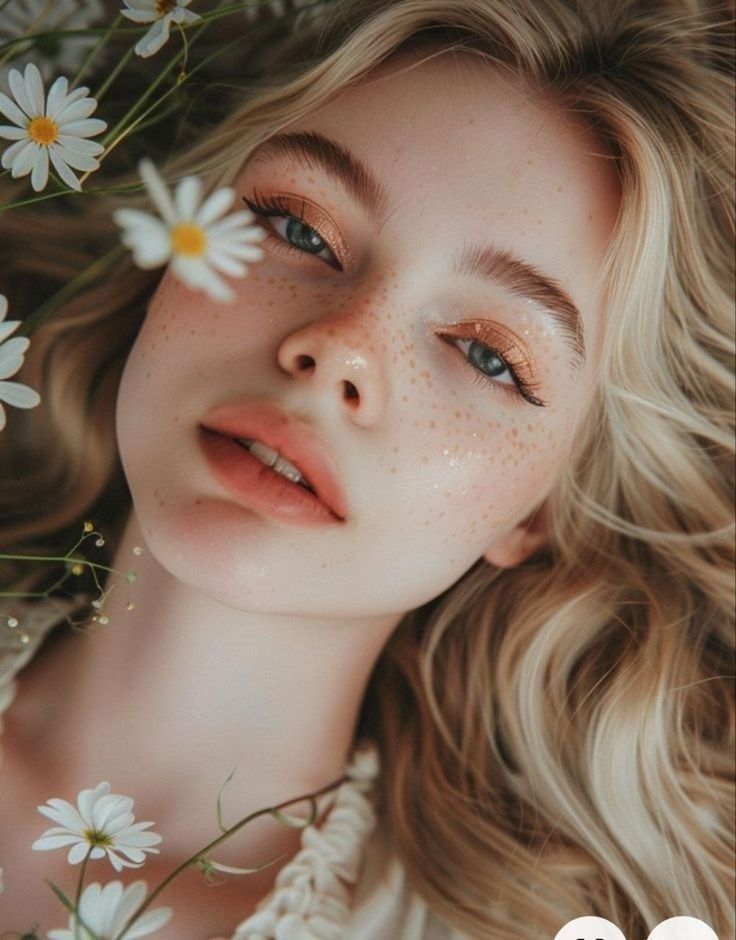 Close-up of a woman with freckles and blonde hair surrounded by daisies, showcasing natural beauty and serene expression.