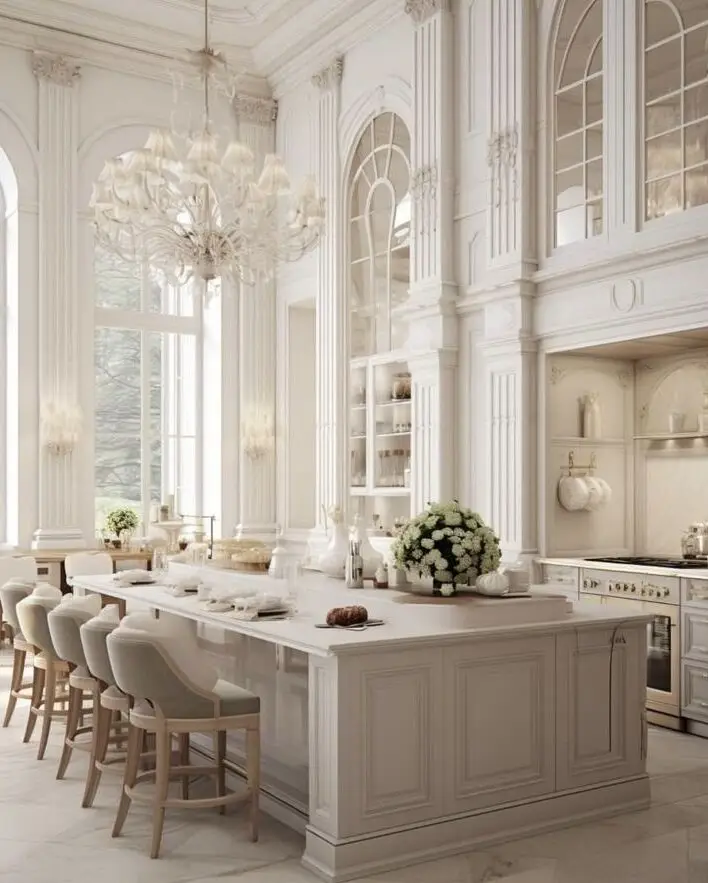 Luxurious white kitchen with elegant island, ornate chandelier, tall windows, and classic barstools, exuding sophistication and style.