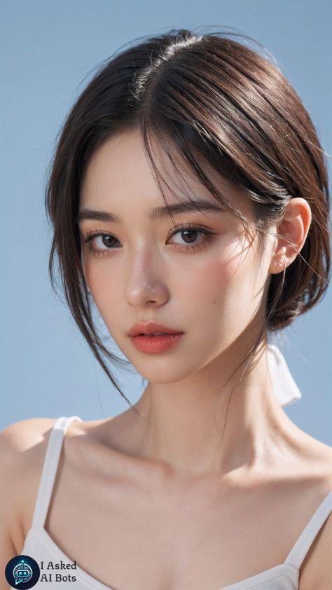 Young woman with short dark hair and natural makeup, wearing a white top and looking at the camera against a blue background.