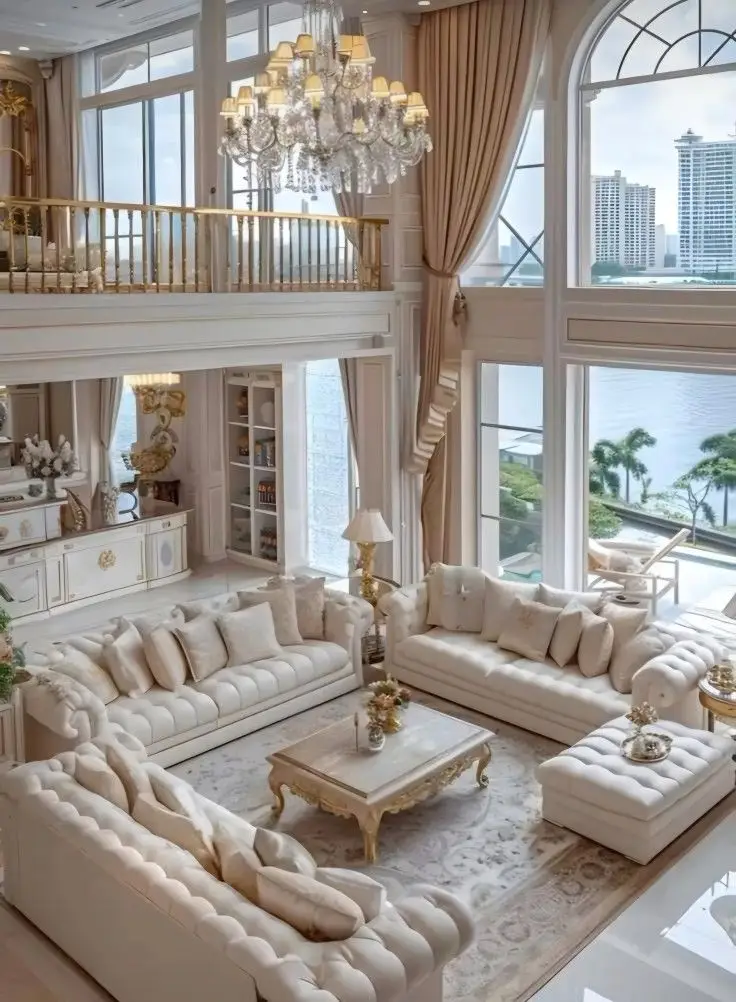 Luxurious living room with elegant chandeliers, plush sofas, and large windows offering stunning waterfront views.
