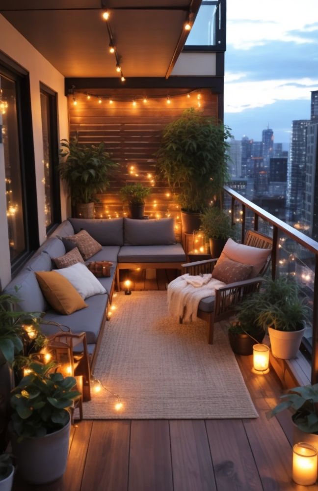 Cozy urban balcony with seating, string lights, and plants at sunset, offering a warm, inviting atmosphere. Perfect for relaxation.