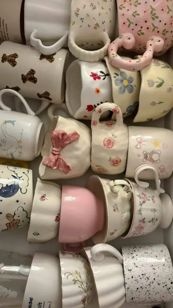 Assorted decorative mugs with floral, bear, and bow designs stacked neatly in a drawer.