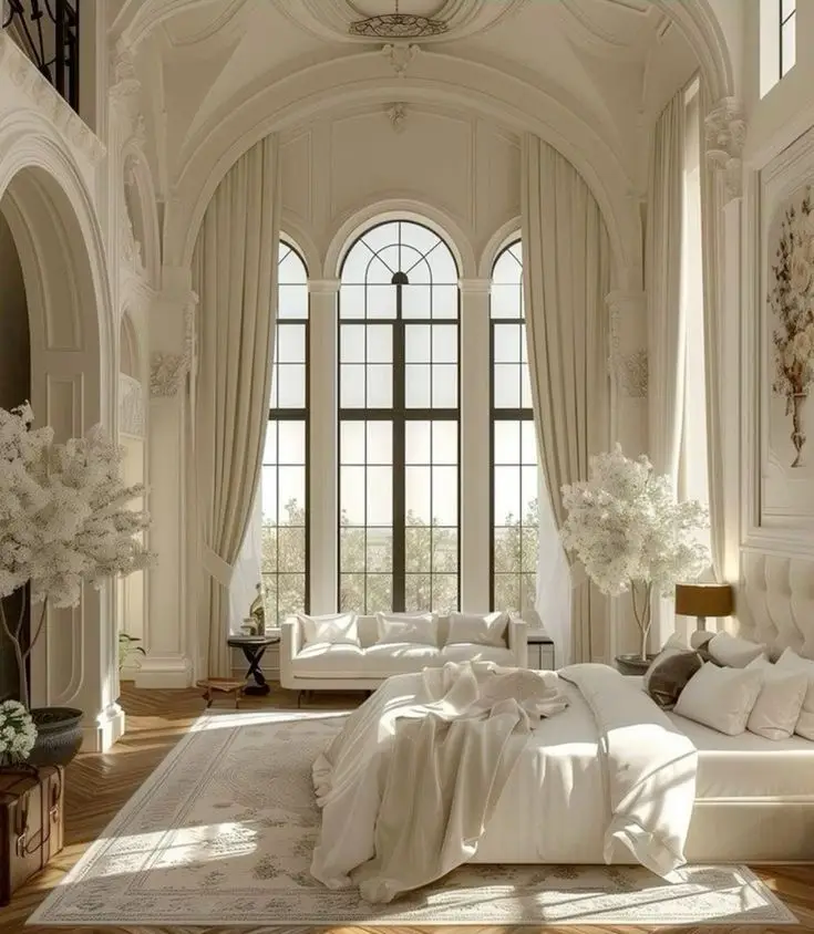 Elegant bedroom with high arched ceilings, large windows, and luxurious decor in soft neutral tones.