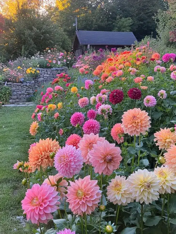 Colorful garden of dahlias in full bloom with a rustic wooden shed in the background, basking in golden sunset light.