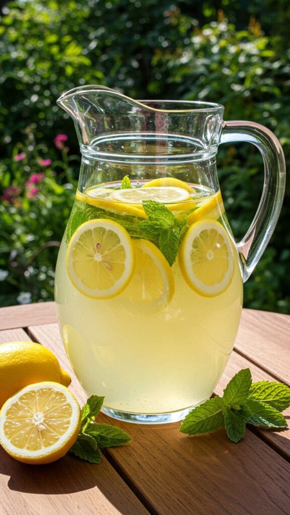 Refreshing lemonade pitcher with lemon slices and mint on a sunny day, perfect for summer gatherings.