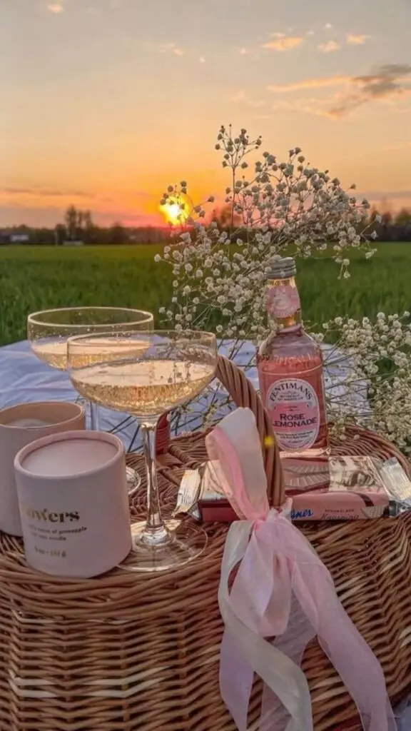 Sunset picnic with champagne, rose lemonade, and chocolate on a wicker basket, set against a serene meadow view.