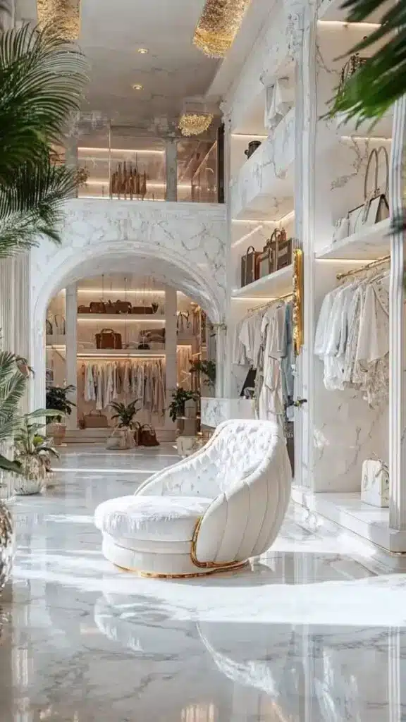 Luxurious marble walk-in closet with elegant decor, featuring a stylish white armchair and shelves of clothes and handbags.