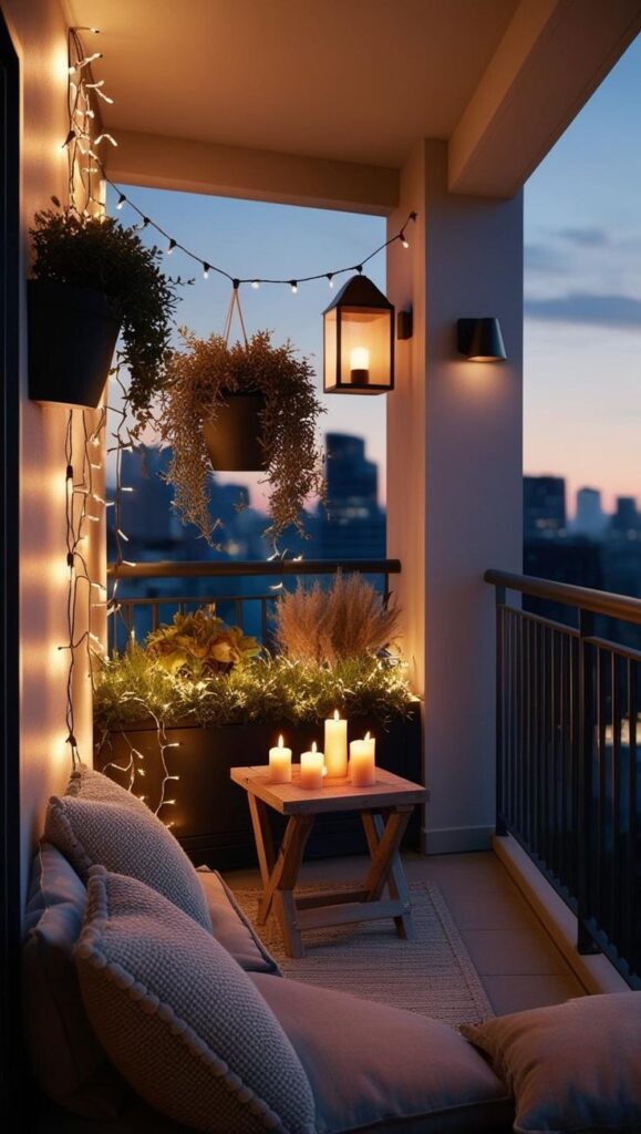 Cozy balcony at dusk with plants, glowing candles, and string lights, creating a warm and inviting ambiance.