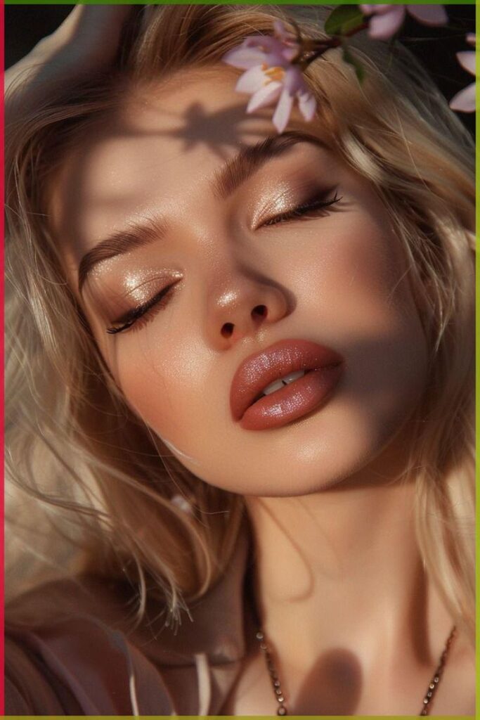 Close-up of a woman with closed eyes and glossy makeup, surrounded by flowers. Relaxed and serene expression.