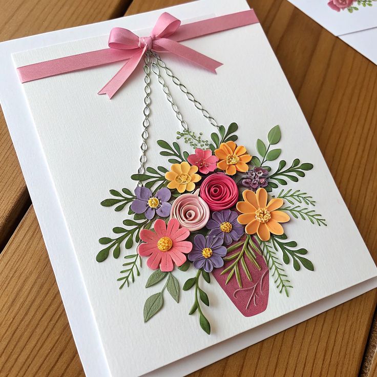 Handmade card with colorful paper flowers and a pink ribbon, ideal for special occasions. Perfect for DIY craft enthusiasts.