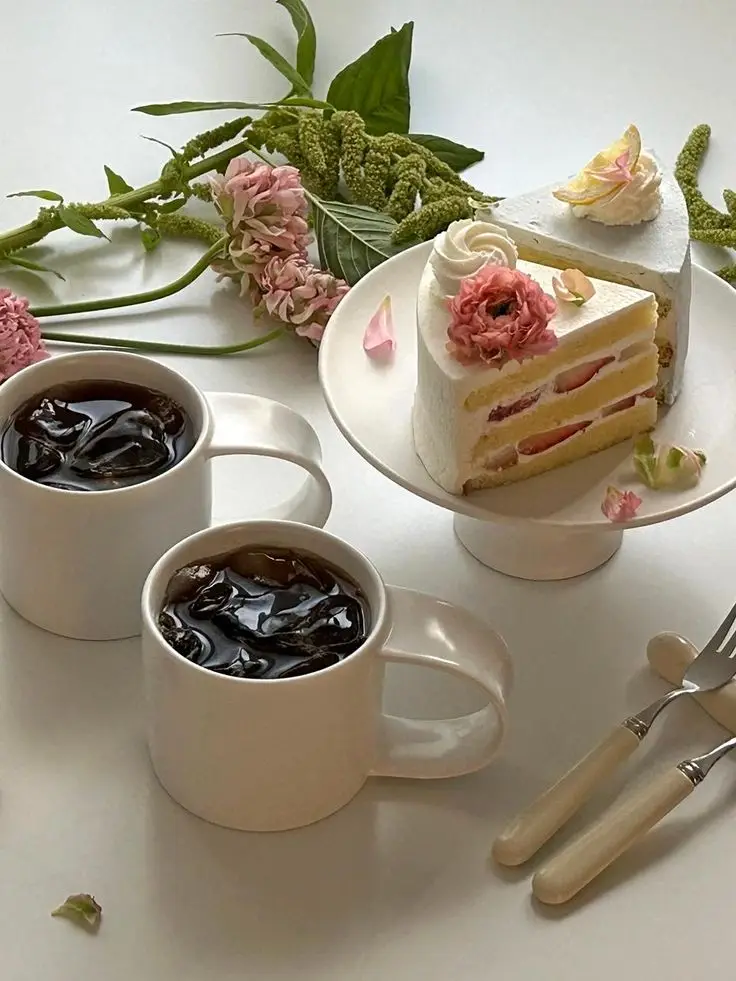 Two coffee mugs and floral-decorated cake slices on a white plate with flowers, creating an elegant tea-time setting.
