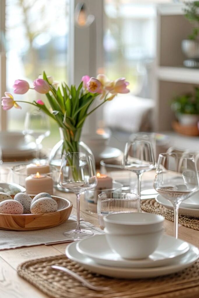 Elegant Easter table setting with tulips, candles, and decorative eggs in a cozy dining room.