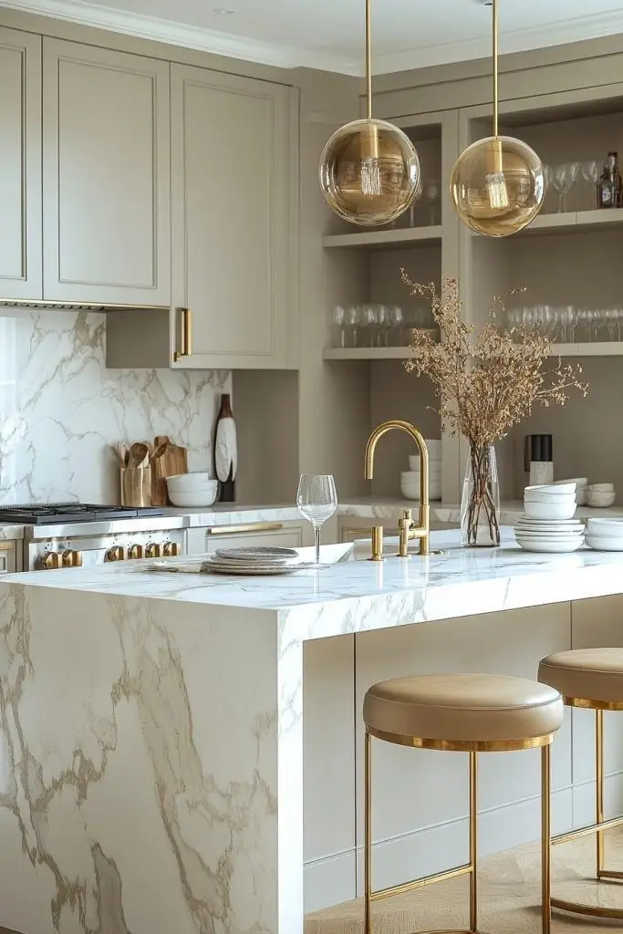 Modern kitchen with marble island, gold accents, pendant lights, and open shelving. Elegant and minimalist design.