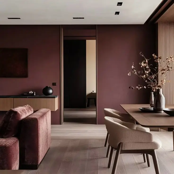 Modern living room with maroon walls, beige chairs, wooden accents, and stylish decor in elegant, minimalist design.