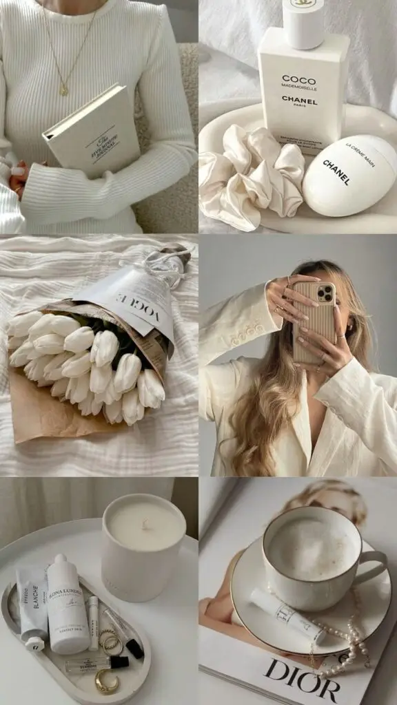 Chic flat lay with fashion journal, Chanel and Dior products, white tulips, a cozy candle, and a stylish mirror selfie.