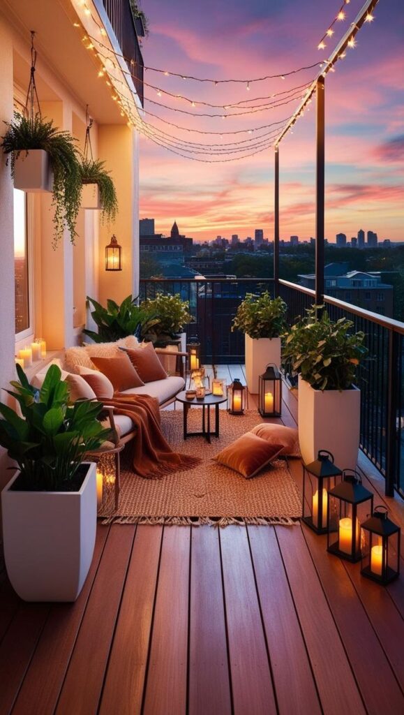 Cozy balcony with sofas, lush plants, and lanterns at sunset, under string lights with city skyline backdrop. Perfect relaxation spot.