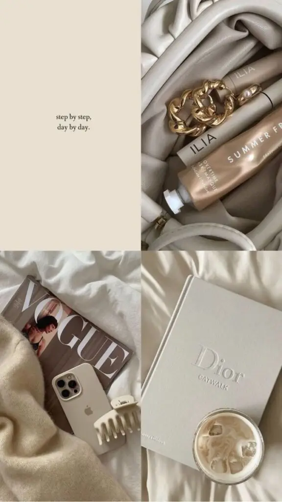Flatlay with cosmetics, Vogue magazine, phone, Dior book, and an iced coffee on an aesthetic beige background.