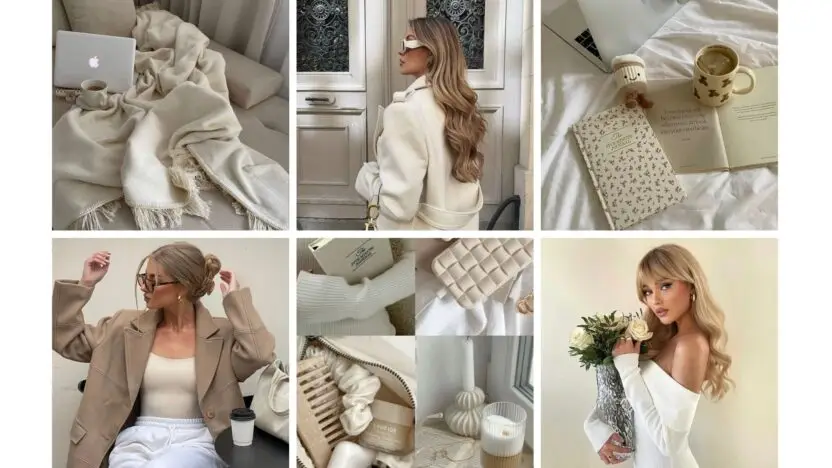 Fashion collage featuring cozy beige aesthetics, winter styles, coffee moments, and elegant home decor vibes for a chic lifestyle.