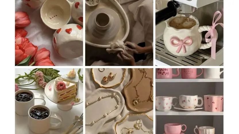 Collage of handmade pottery, coffee mugs, jewelry, and desserts styled with pink and floral accents for a cozy aesthetic.