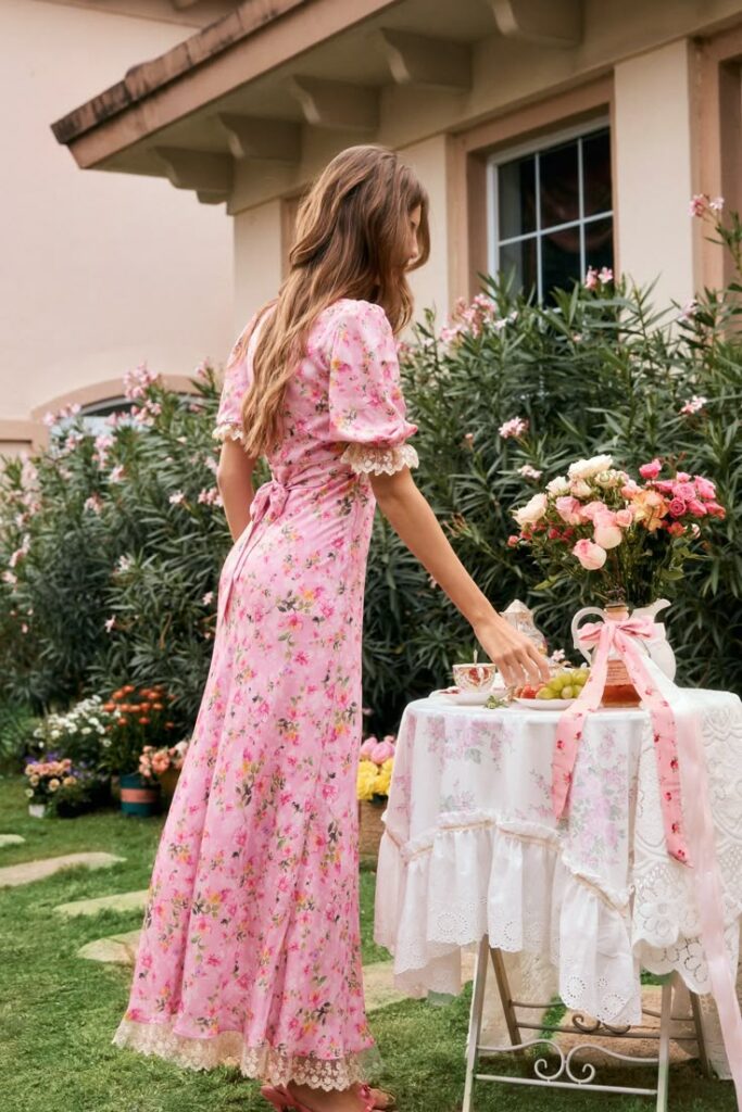 Woman in a floral pink dress setting a table with flowers and tea outdoors in a garden, creating a romantic summer scene.