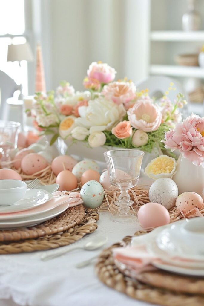 Elegant Easter table setting with pastel eggs, floral centerpiece, and woven placemats, creating a festive spring atmosphere.