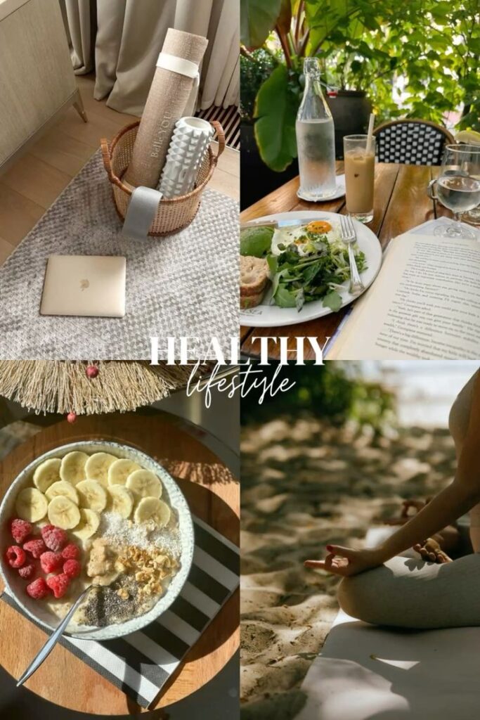 Collage of a healthy lifestyle: yoga gear, nutritious meals, and meditation by the beach.