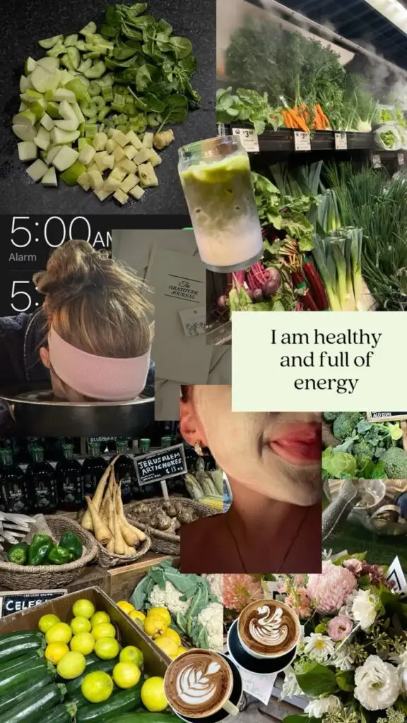 Collage of healthy lifestyle elements: fresh vegetables, green juice, skincare, 5AM wake-up, gratitude journal, and latte art.