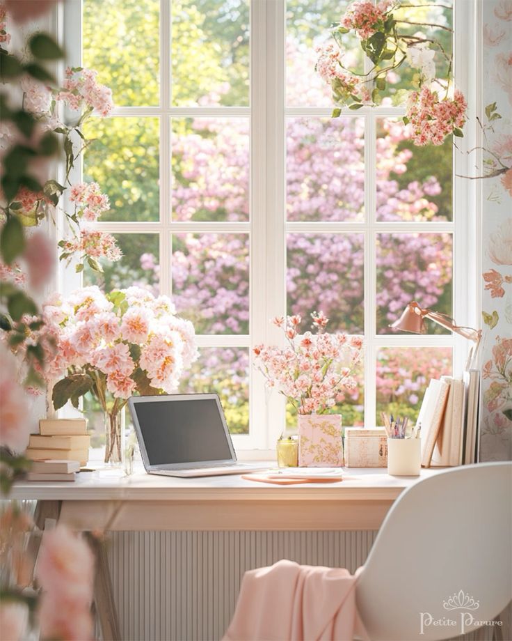 Cozy workspace with laptop, pink flowers, and books by a sunlit window, perfect for inspiration and productivity.