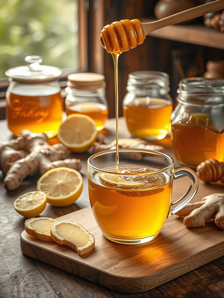 Cup of ginger lemon tea with honey, surrounded by fresh ginger and lemon slices, perfect for a cozy and soothing drink.