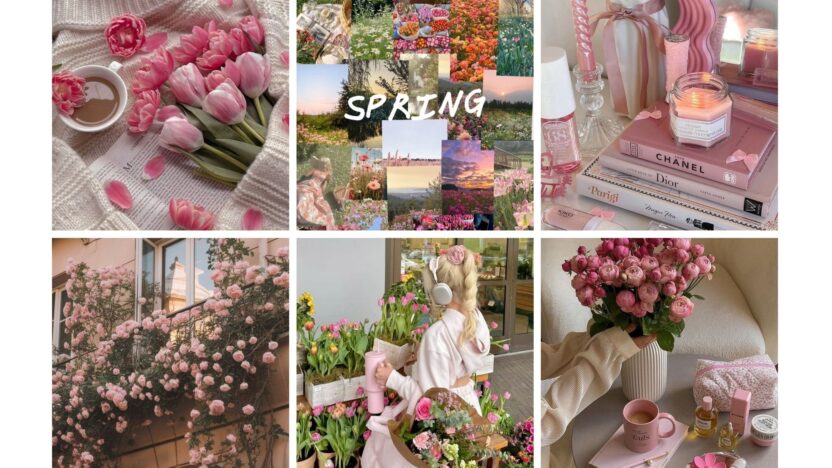 Spring collage with pink flowers, books, candles, and cozy arrangements, capturing the essence of fresh blooms and vibrant decor.