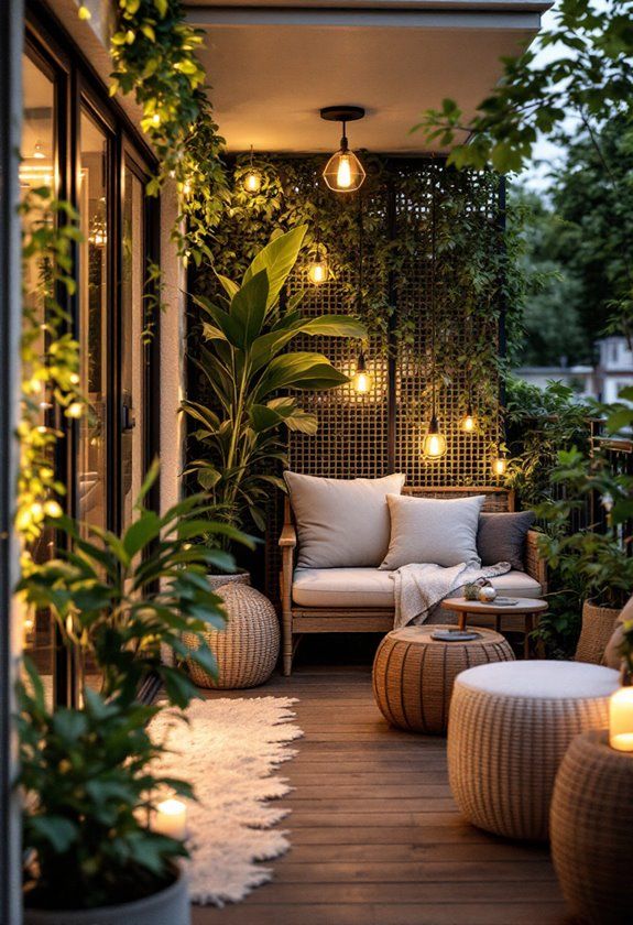 Cozy balcony with seating, plants, and ambient lighting, perfect for relaxation. Modern outdoor design for small spaces.