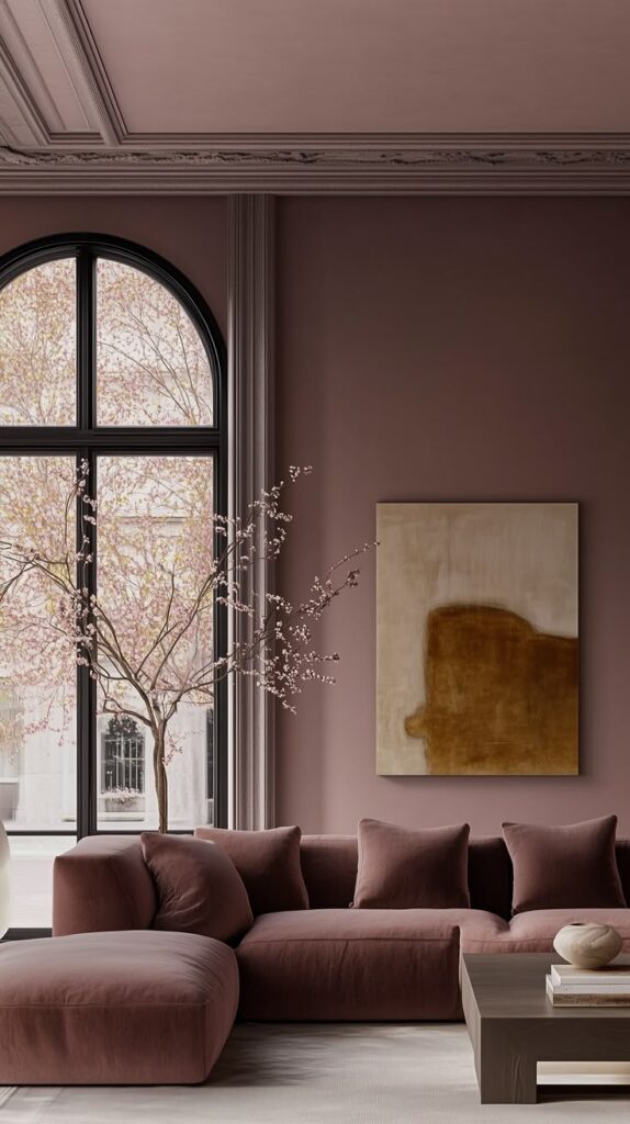 Elegant living room with mauve sofa, abstract wall art, cherry blossom branches, and large arched window for modern interior design.