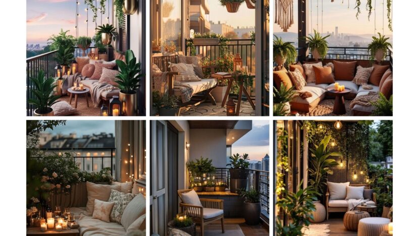 Cozy and stylish balcony settings with lush greenery and elegant decor, perfect for relaxing at sunset or during evening gatherings.