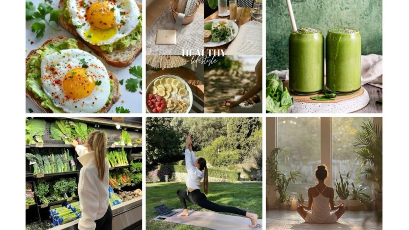 Collage of healthy lifestyle: avocado toast, smoothies, grocery shopping, yoga, meditation, and nutritious meals.