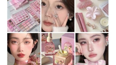 Collage of pink-themed makeup products and glamour beauty looks, showcasing eyeshadows, lip gloss, and skincare items.