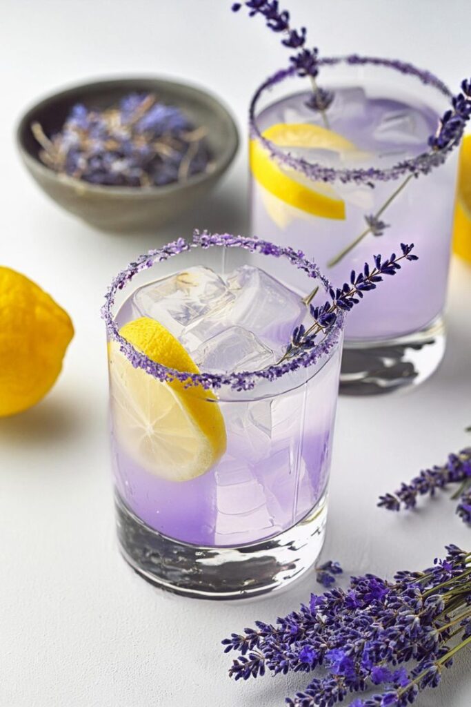 Lavender lemonade in glasses with lemon slices and lavender sprigs, on white background with fresh lavender and lemons.