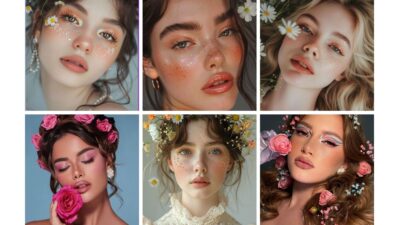 Collage of women with floral makeup and accessories, featuring delicate petals and vibrant eye looks. Perfect for beauty inspiration.