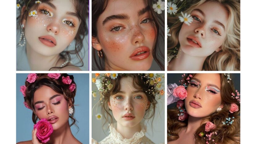 Collage of women with floral makeup and accessories, featuring delicate petals and vibrant eye looks. Perfect for beauty inspiration.