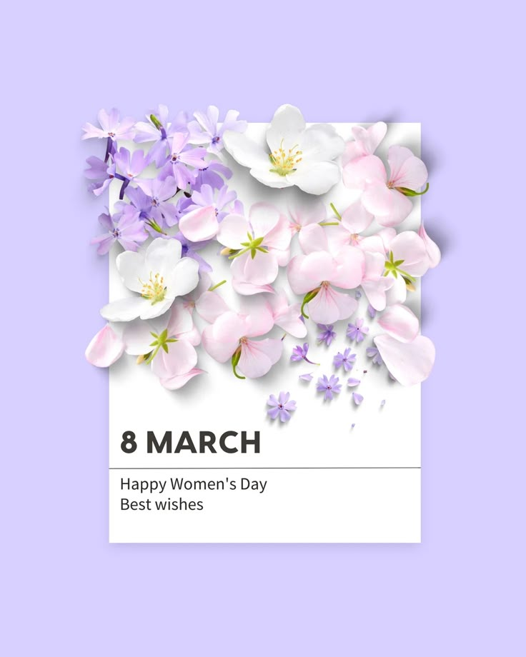 Floral card with 8 March greeting, celebrating International Women's Day with white and pink flowers on a pastel background.