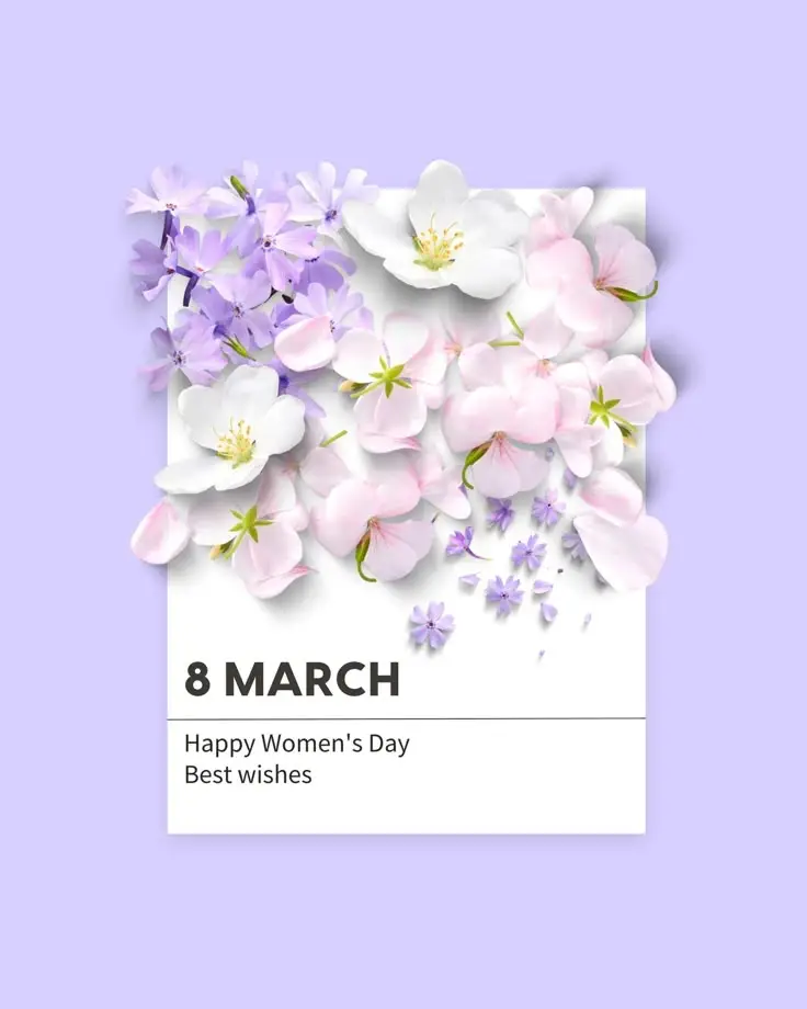 Floral card with 8 March greeting, celebrating International Women's Day with white and pink flowers on a pastel background.