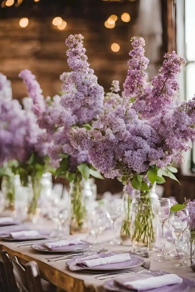 Elegant table setting with lush purple lilacs in tall vases, creating a romantic ambiance with soft lighting and rustic decor.