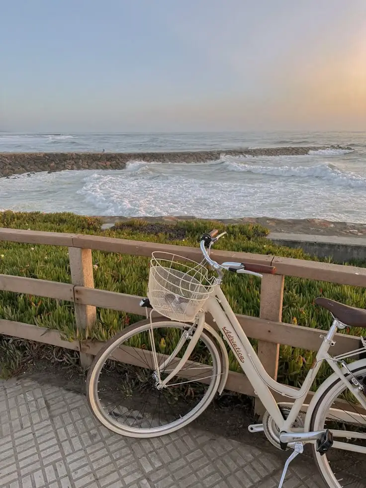 Bicycle parked by a coastal boardwalk overlooking a serene ocean view at sunset, with waves gently hitting the rocky shore.