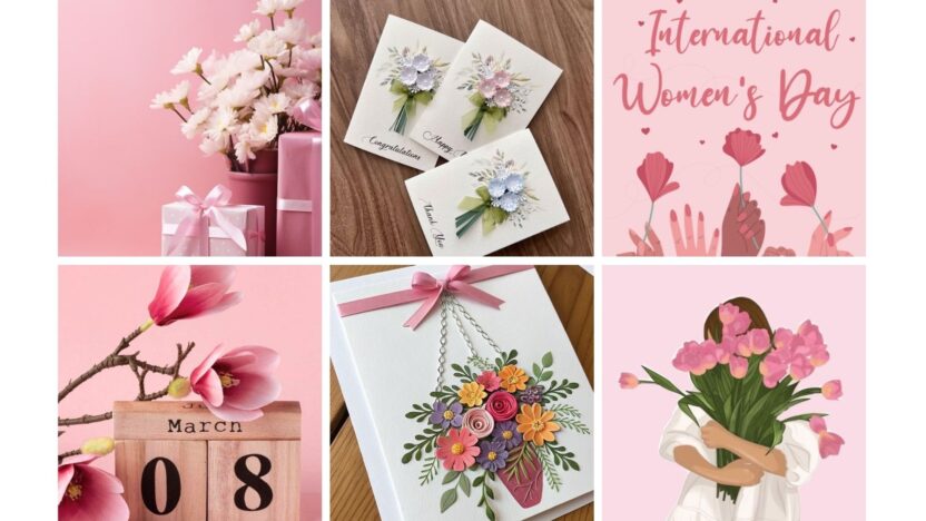 International Women's Day collage with flowers, gift boxes, cards, and March 8 calendar, celebrating women and spring.