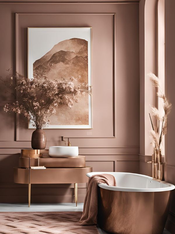 Elegant bathroom with copper bathtub, modern sink, wall art, and soft lighting. Luxurious, warm interior design.