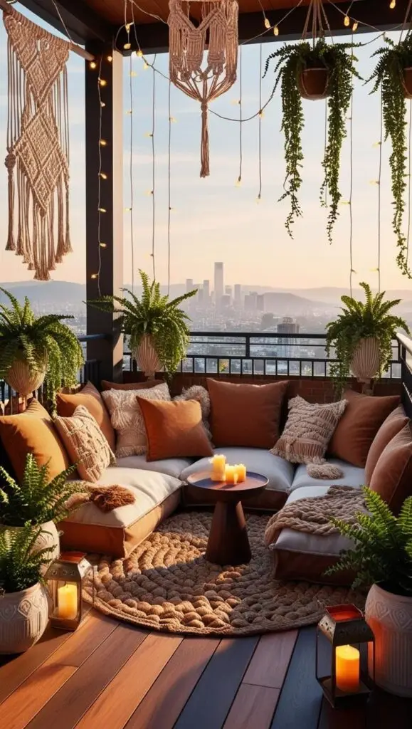 Cozy balcony with boho decor, plants, macramé, and city view at sunset. Cushions and candles create a relaxed, warm ambiance.