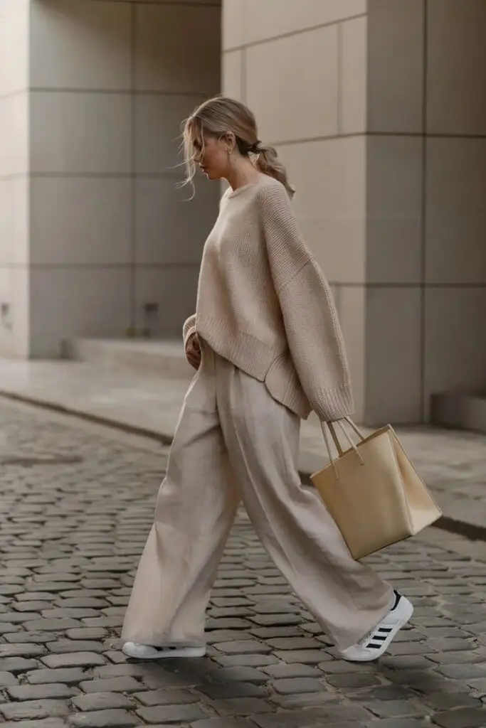 Woman walking in neutral tones, oversized sweater, wide-leg pants, and tote bag on a cobblestone street. Cozy, chic autumn fashion.