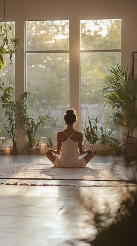 Person meditating in a sunlit room, surrounded by plants and candles, creating a serene and peaceful atmosphere.